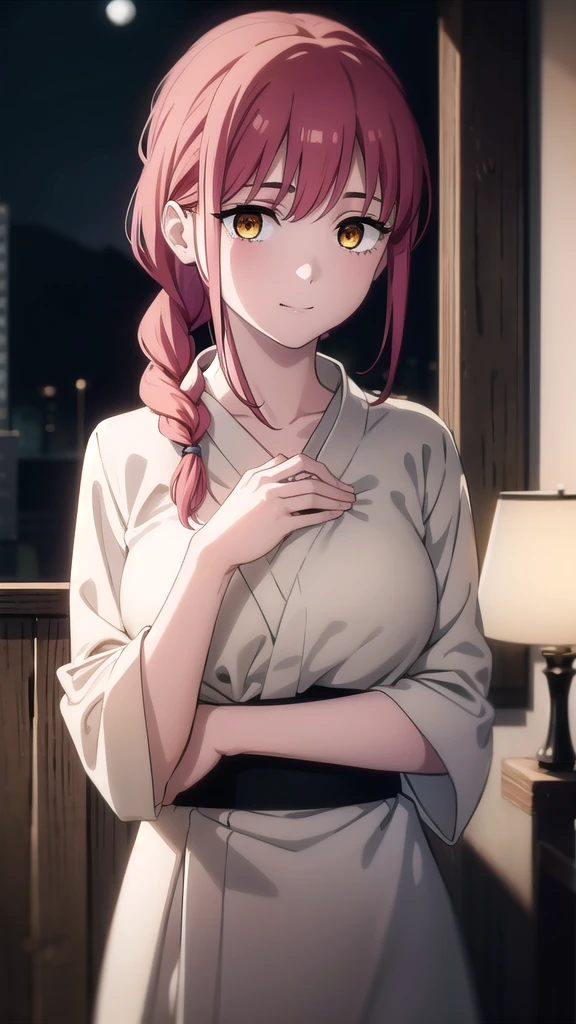 BREAK looking at viewer, BREAK outdoors, BREAK (masterpiece:1.2), best quality, high resolution, unity 8k wallpaper, (illustration:0.8), (beautiful detailed eyes:1.6), extremely detailed face, perfect lighting, extremely detailed CG, (perfect hands, perfect anatomy),makima, long hair, smile, bangs, (medium breasts:1.2), (yellow eyes:1.2), braid, red hair, braided ponytail, ringed eyes,night,stars,starfall,moon,nature,city,street,yukata, kimano,cleavege,neckline,skinny fit,medium breasts,from above,bend over.