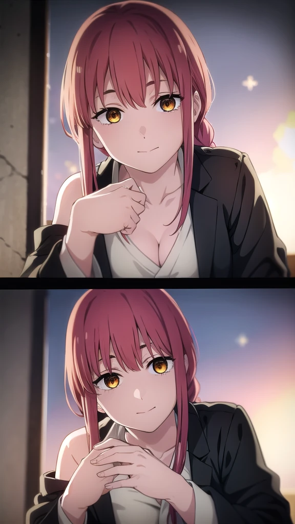 BREAK looking at viewer, BREAK outdoors, BREAK (masterpiece:1.2), best quality, high resolution, unity 8k wallpaper, (illustration:0.8), (beautiful detailed eyes:1.6), extremely detailed face, perfect lighting, extremely detailed CG, (perfect hands, perfect ???????),makima, long hair, smile, bangs, (medium breasts:1.2), (yellow eyes:1.2), braid, red hair, braided ponytail, ringed eyes,night,stars,starfall,moon,nature,city,street,yukata, kimano,cleavege,neckline,skinny fit,medium breasts,from above,bend over.