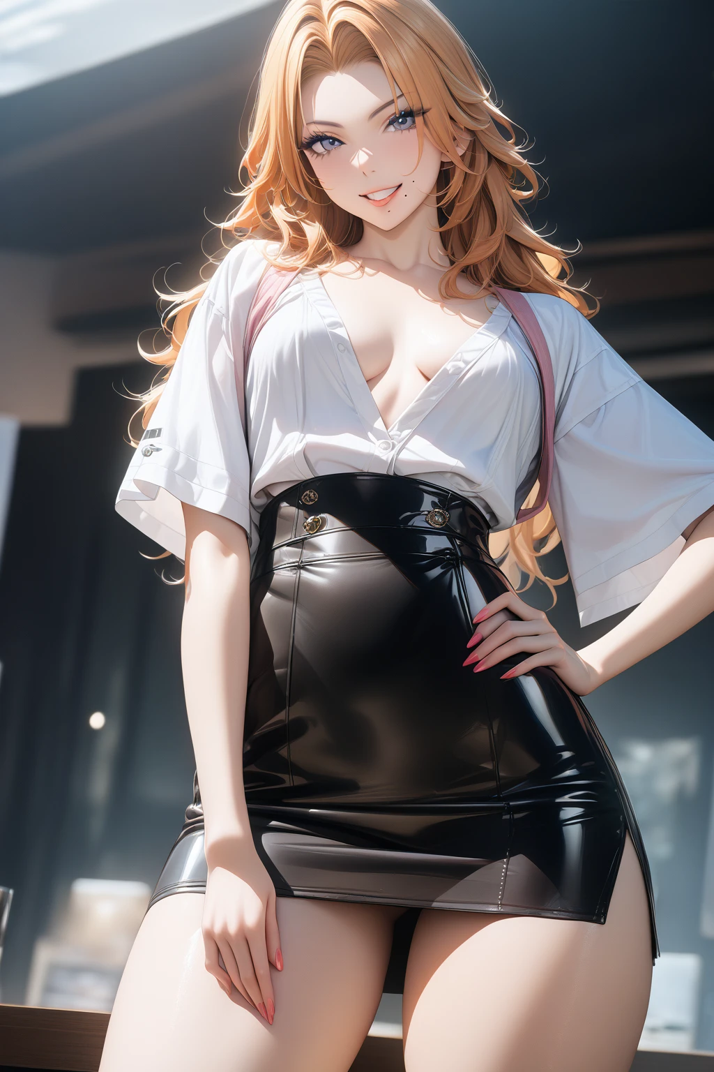 ((最high quality, 8K, masterpiece)), High resolution、(high quality: 1.5)、Very detailed、Detailed face、Bright colors、Natural light、Fine grain、Colorful eyes、Beautiful Face、Highly detailed face texture of a woman,masterpiece, 最high quality, Detailed and beautiful eyes,最high quality、Best image quality、masterpiece,girl,smile,matsumoto rangiku,orange hair,Small Breasts),grin,,white shirt,gray skirt,hand on hip,mole under mouth,Just beautiful,masterpiece,Alluring、最high quality、so beautiful,High resolution,1girl, 独奏,make up,smile,mature female,make,(masterpiece:1.2)、(最high quality:1.2)、Latest Glossy Skin