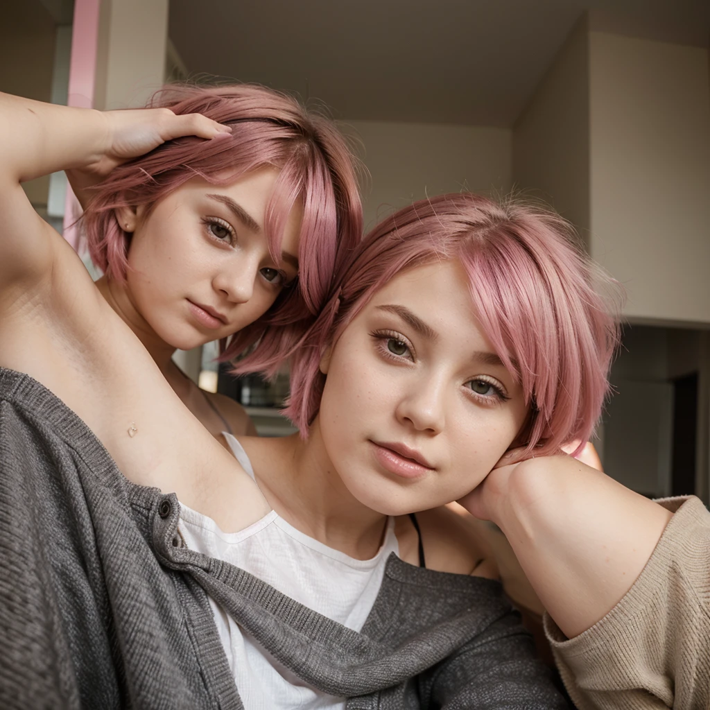 girl 21 years old, short shoulder-length hair, pink hair color