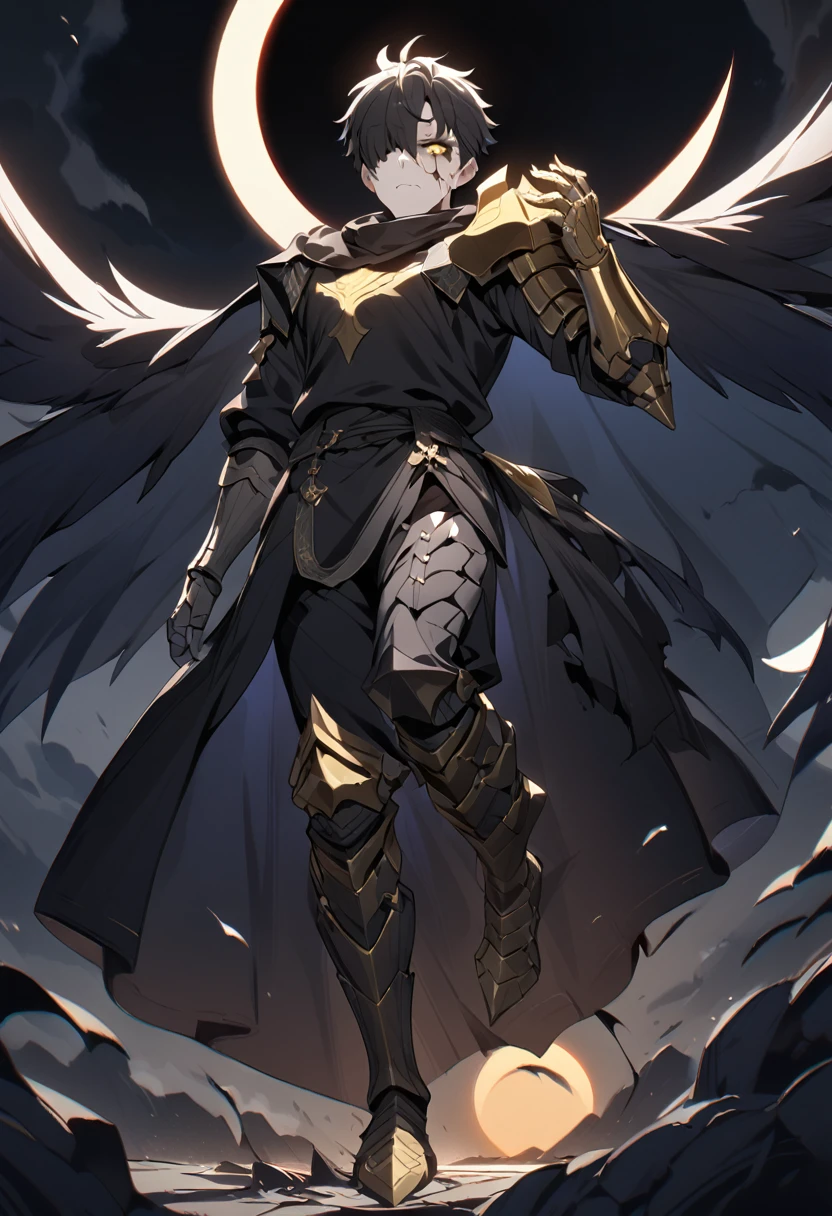 1man, adult, angel, pale skin, black hair, very short hair, white hairlocks, golden eyes, broken face, crack on the face, radiance coming from the crack, missing eye, black wings, eyed wings, bird legs, black robes, golden details, golden shoulder pads, golden prothesis in right hand, clawsprothesis, great sword on hands, eclipse, fullbody, anime style, (masterpiece), best quality,