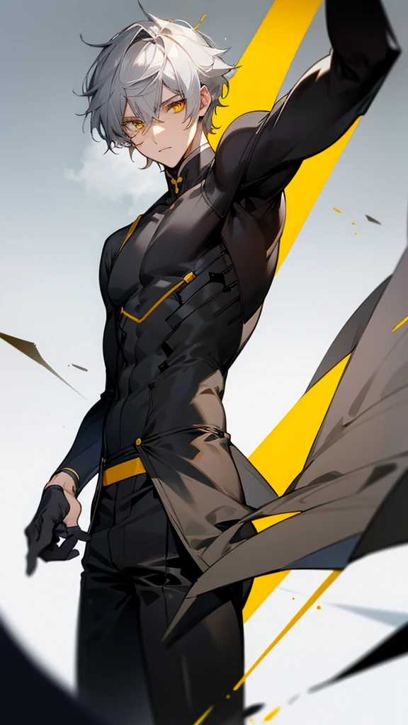 Male character with gray hair and yellow eyes and black clothes 