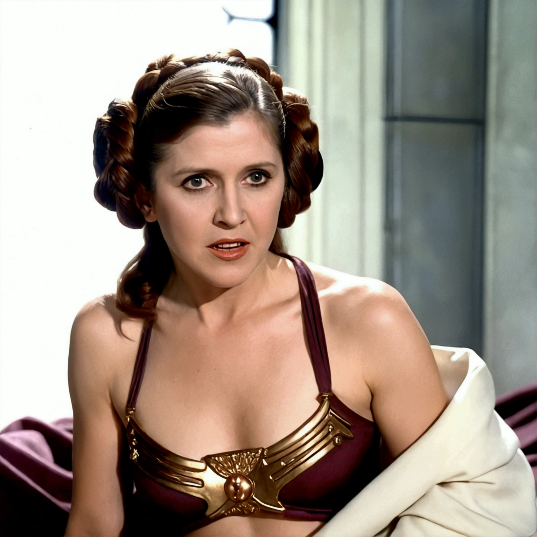 Carrie Fisher. PRINCESS LEIA SLAVE. starz wars. micro tanga. full body closeup, full length cinematic shot. sensual. sexy, Xxx, full body aircraft carrier bottom. hyper realism. 8k. Photography, hyper realism. k. Photography (Masterpiece, super detail, high detail, Best Quality, 8k, Starz wars movie lighting