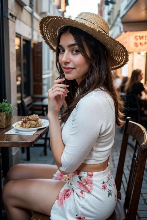 a young woman with a slim and healthy body, joyful expression and body confidence, wearing long floral dress and straw hat, fashion outfit 2024, sitting and eating a typical dish in a restaurant in Venice, Italy, to post on Instagram, with detailed facial features, including beautiful eyes, lips and hair, athletic physique, natural lighting, dynamic pose, clean background, swirly vibrant colors, cinematic lighting, high qualiy, photorrealistic, posh, dynamic, mighty