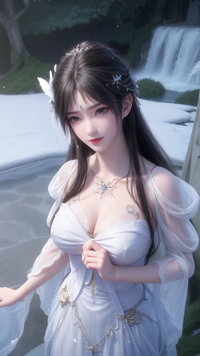 (masterpiece, best quality:1.2), illustration, absurdres, highres, extremely detailed, 1 girl, dy, depth of field,chromatic aberration abuse,pastel color, Depth of field,garden of the sun,shiny,flowers, garden, 1girl, butterfly style, butterflies, ultra detailed, glary,Light, light particles,glitter,reflect,Put one hand on your chest,C4D,3D,bright,outdoors,gifts,candys,More details,flower ocean,winter,snowflakes,splashing water,falling petals,beautiful and delicate water,((beautiful eyes)),very delicate light,perfect and delicate limbs,nature,painting,water spray,fine luminescence,very fine 8K CG wallpaper,Lavender eyes,pink pupils,whole body,bright eyes,(an extremely delicate and beautiful girl:1.4),big eyes,eye highlights,watery eyes,looking_at_viewer,outdoors,look at the screen