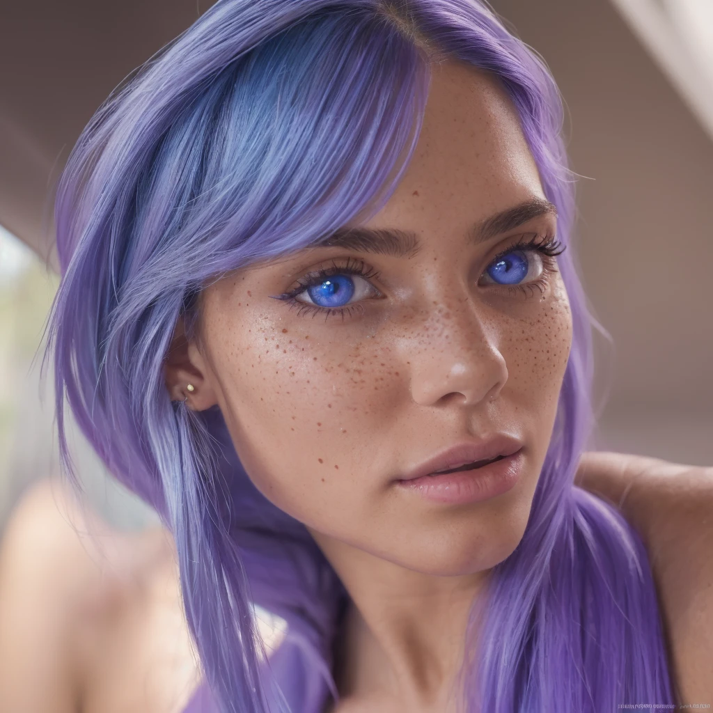 raise 1 girl, 19yearsold, instagramart, hyper realistic digital influencer, long blue hair, divine body and clear skin, striking freckles on the face, Brazilian, Selfie, greeneyes, breasts big, redgown, dusty clothes,((sharpy face, face detailed, lifelike face, skin natural, realisic skin, skin detailed, pores)),high quality, best qualityer, work of art, cinematic lighting, ((perfects eyes, detailedeyes,realisticeyes)), morning, claro background, (no shopping, atmosphere of joy, Purple style, cheerful lighting, subdued colors, subtle)