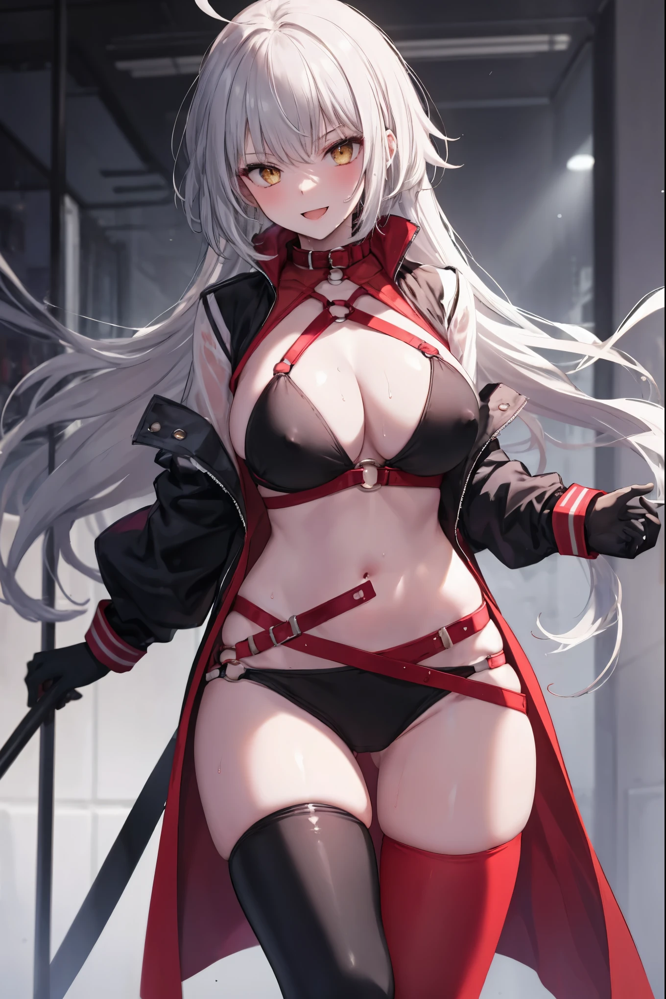 masterpiece, best quality, 1girl, , silver hair, ahoge, gold_eyes, shaggy_long_hair,,large_tits, , blue sky,covered_groin,covered_nipples,solo,young_,,open_legs,knee_boots,crotch_armor,cowboy_shot,crotch, asymmetrical legwear, long hair, bikini, black bikini, black gloves, gloves, long sleeves, navel, o-ring, o-ring bikini, o-ring bottom, o-ring top, puffy long sleeves, puffy sleeves, red legwear, single thighhigh, swimsuit, thigh strap, thighhighs, uneven legwear,smile,nihil,open_mouth,angry,oil,wet,sweat,grhn,(angry:0.7)