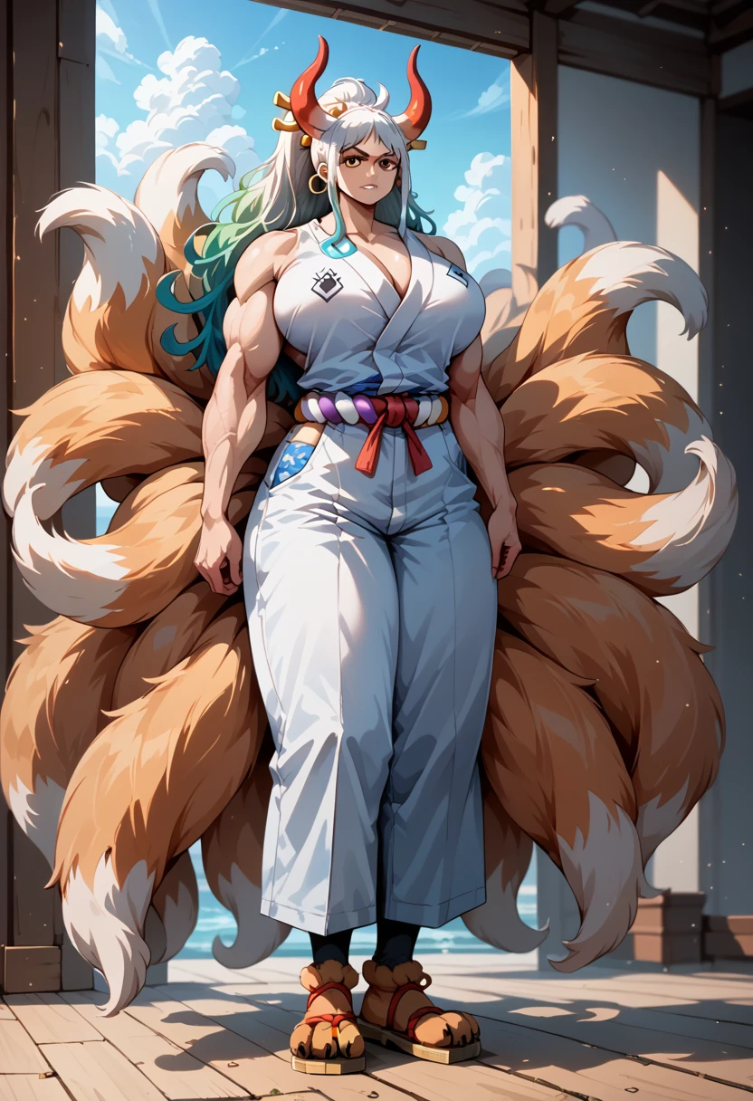 masterpiece, best quality), best resolution, (9tails:1.5), yamato \(one piece\), fox ears, fluffy fox tails, fox paws, gigantic muscular body, full body.