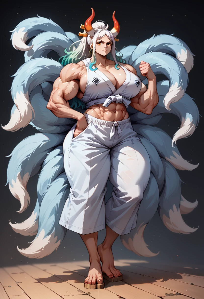 masterpiece, best quality), best resolution, (9tails:1.5), yamato \(one piece\), fox ears, fluffy fox tails, fox paws, gigantic muscular body, full body.