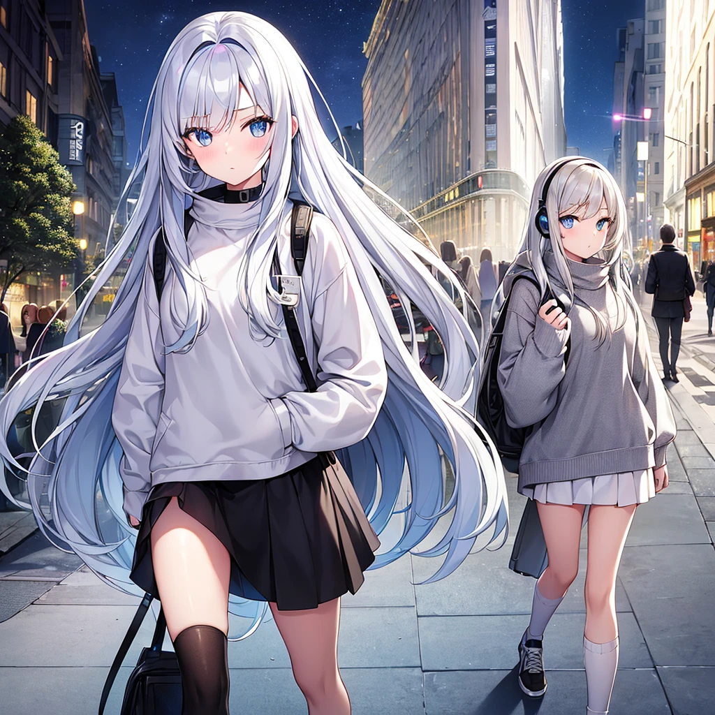 A 16-year-old woman with long white loose hair and no jewelry on her head. In light rainbow eyes, a cute look, wearing a white long-sleeved sweater. Wear a gray short skirt. Carrying a black backpack wearing colored headphones. White, walking in Background Paris at night lit up at night masterpiece