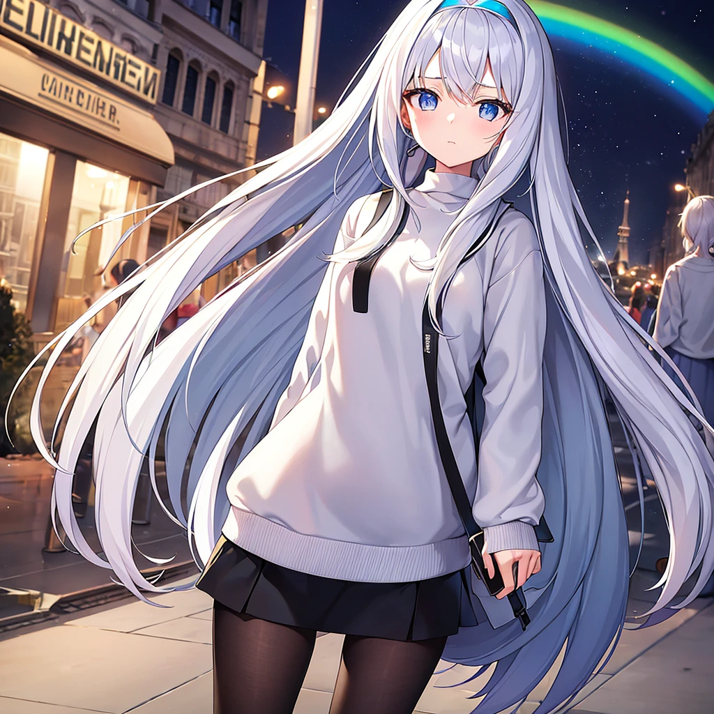 A 16-year-old woman with long white loose hair and no jewelry on her head. In light rainbow eyes, a cute look, wearing a white long-sleeved sweater. Wear a gray short skirt. Carrying a black backpack wearing colored headphones.  White, walking in Background Paris at night lit up at night  masterpiece