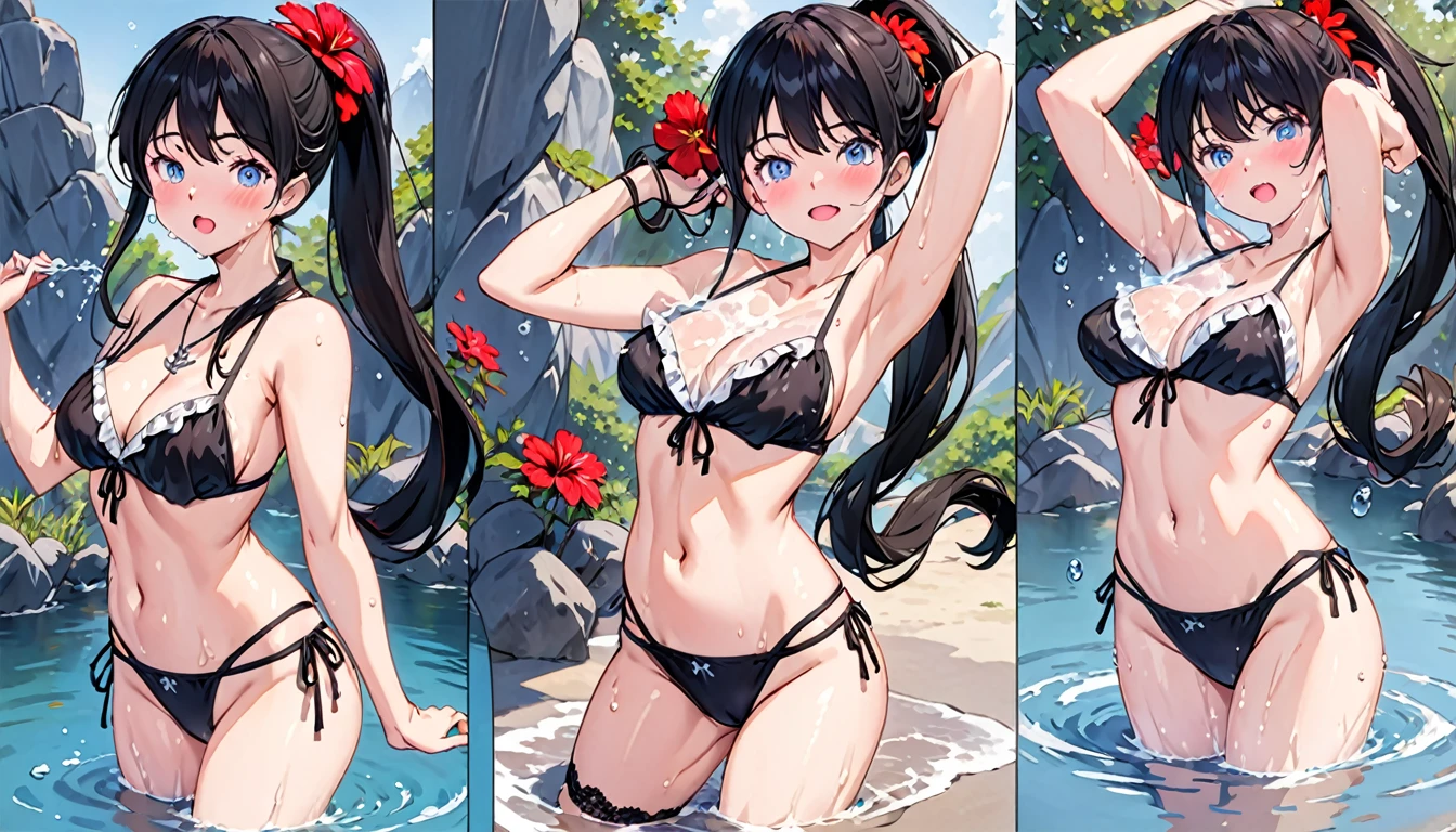**Prompt:** "Draw an anime-style female character with the following characteristics.
- **Hair**: Long black hair tied in a ponytail and adorned with a red hibiscus flower.
- **Eyes**: Blue eyes, with a slight blush on her cheeks.
- **Expressions**: , nsfw, (ecstatic:1.3), (slutty:1.2), (vulgarity:1.3), (fucked like a fool:1.1), (steamy:1.1), (wet:0.8), (trembling:0.8), (tears:0.7), (drooling:0.6), (sweat:0.8),
- **Outfit**: nsfw, she is wearing a black bikini. The bikini top has thin straps and an anchor pendant on her chest. The bikini bottoms are also black and have the words "IRONBLOOD" written on them. She has a black left thigh garter. She is also wearing a light blue shirt that slides off her shoulders. The water makes her costume transparent.
- **Body**: She has a toned physique with well-defined muscles in her chest and abdomen. Her skin has water droplets on it, making it appear wet. She has a large cleavage.
- **Background**: There is a blurry water surface in the background, indicating that she is near water. There are stones and rocks in the water.