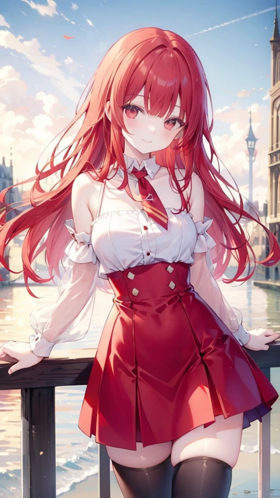 Long Red Hair、Straight bangs、Slanted Eyes、smile、Shoulder Bare、Chest、skirt、tights、Cities of France、gulf coast