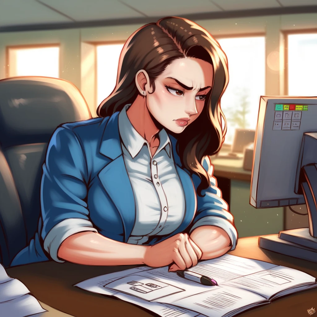 a woman accountant working at a computer, calculator, profile view, photography, realism, best quality, 4k, 8k, highres, masterpiece:1.2, ultra-detailed, realistic, photorealistic, photo-realistic:1.37, HDR, UHD, studio lighting, ultra-fine painting, sharp focus, physically-based rendering, extreme detail description, professional, vivid colors, bokeh, portrait, office, business, financial, focused, serious expression