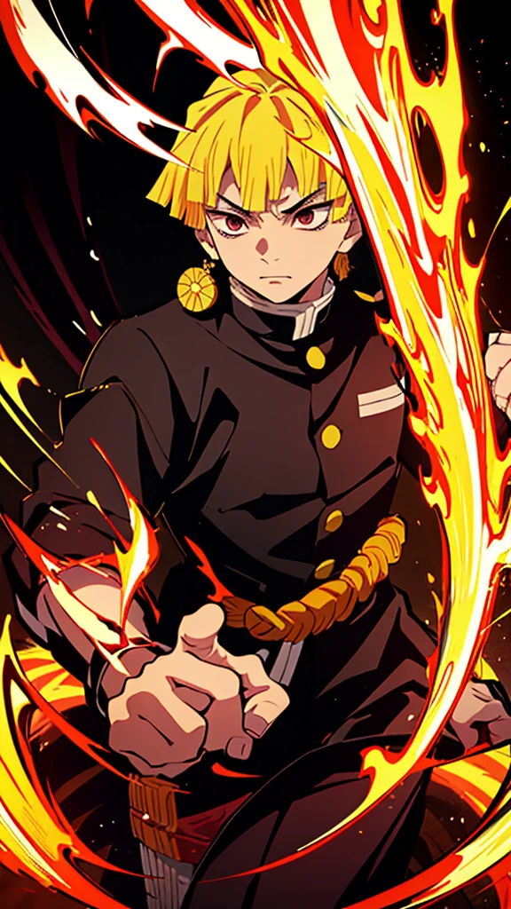 Kimetsu no Yaiba style, 1 man, black eyes, a hashira, black hair with blonde tips, curtain bangs, noble, Pillar Demon Slayer, holding a sword, wearing demon slayer uniform, holding a red demon slayer sword, dark and firey background, fire powers