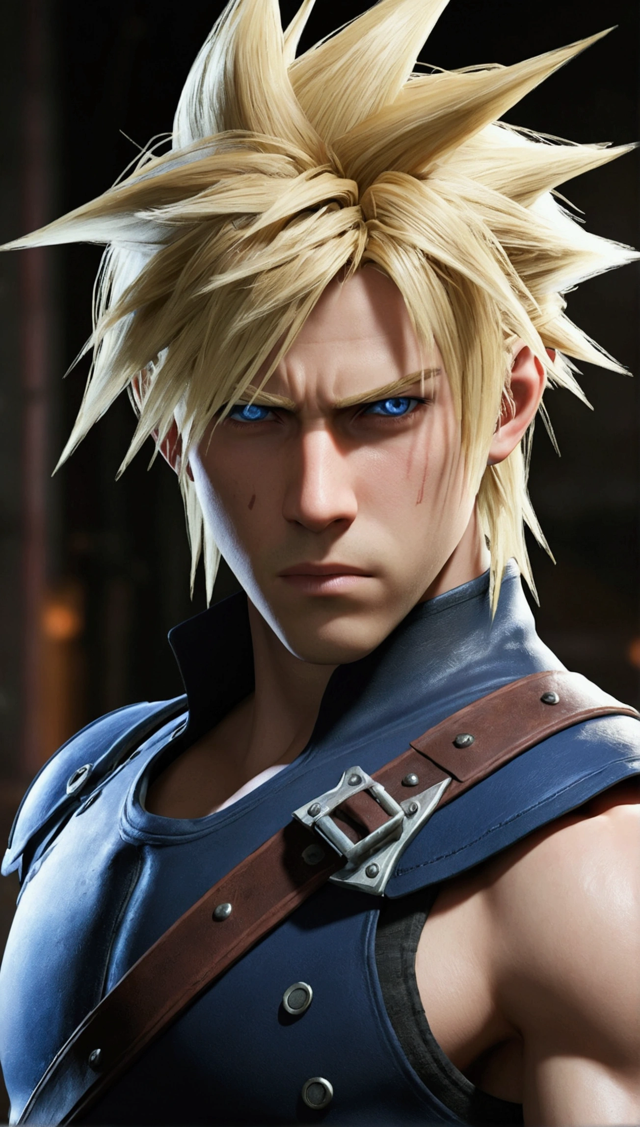 The image is a highly detailed and realistic portrayal of Cloud Strife, a popular character from the "Final Fantasy" series. Cloud has striking, spiky blonde hair and intense blue eyes, which are highlighted by the close-up shot. He is wearing a dark, sleeveless turtleneck and a metallic shoulder guard, which appears to be part of his battle armor. Cloud's expression is serious and determined, with a slight frown on his face. His right arm is raised behind his head, adding to the dynamic pose. The background is blurred, featuring soft lighting and industrial elements, possibly depicting an interior setting from the game. The overall atmosphere is dramatic, capturing Cloud's iconic and resolute persona.