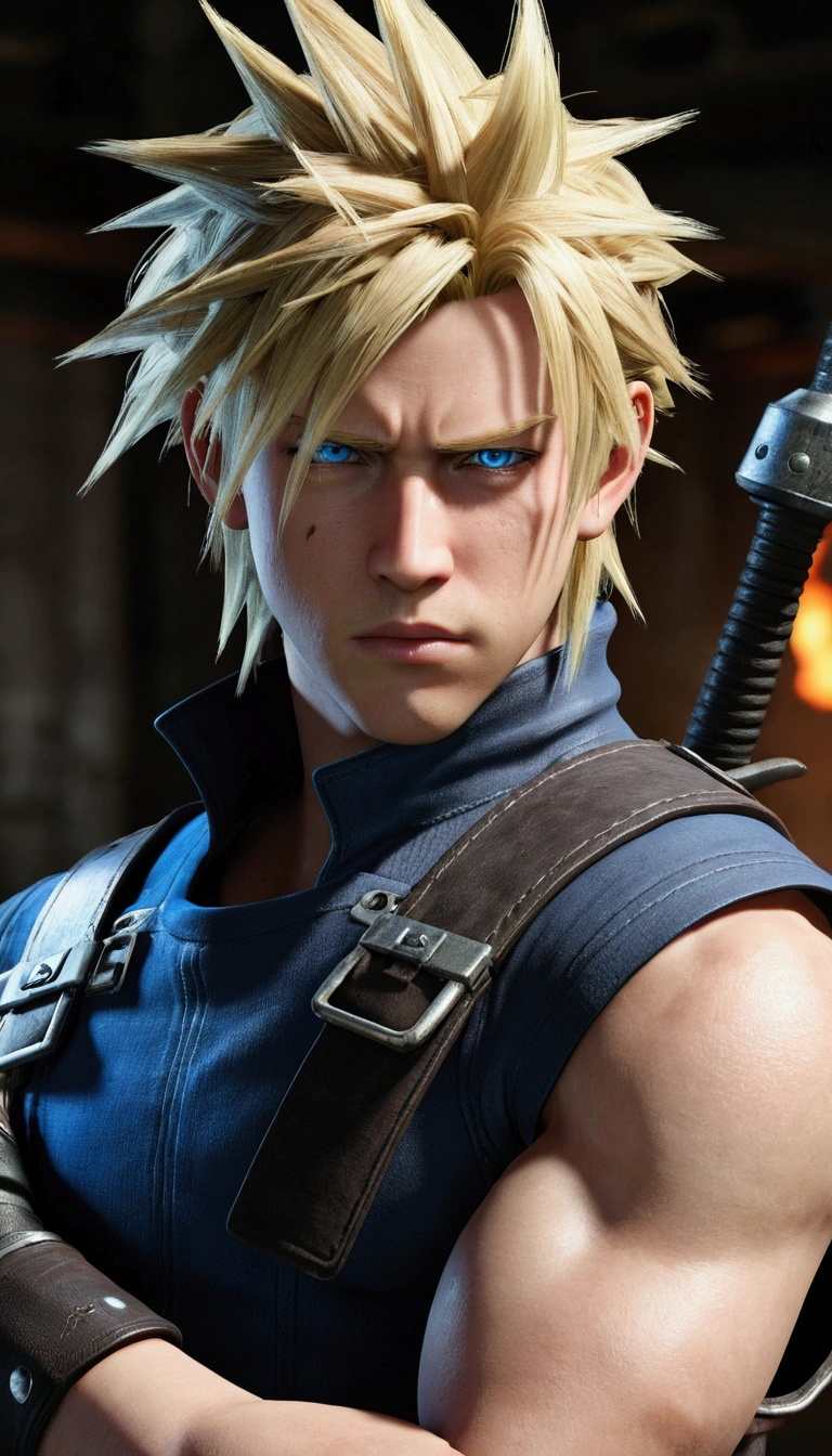 The image is a highly detailed and realistic portrayal of Cloud Strife, a popular character from the "Final Fantasy" series. Cloud has striking, spiky blonde hair and intense blue eyes, which are highlighted by the close-up shot. He is wearing a dark, sleeveless turtleneck and a metallic shoulder guard, which appears to be part of his battle armor. Cloud's expression is serious and determined, with a slight frown on his face. His right arm is raised behind his head, adding to the dynamic pose. The background is blurred, featuring soft lighting and industrial elements, possibly depicting an interior setting from the game. The overall atmosphere is dramatic, capturing Cloud's iconic and resolute persona.