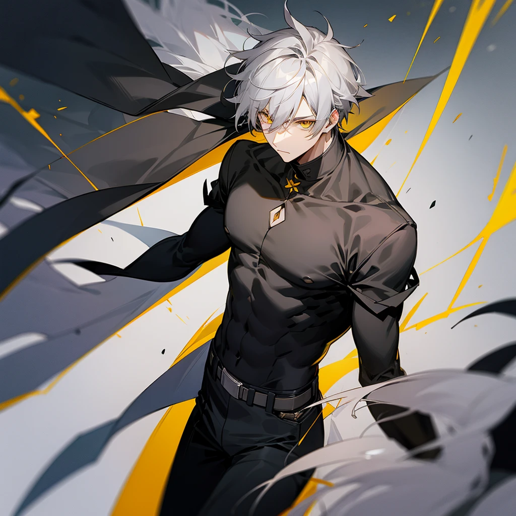 Male character with gray hair and yellow eyes and black clothes 