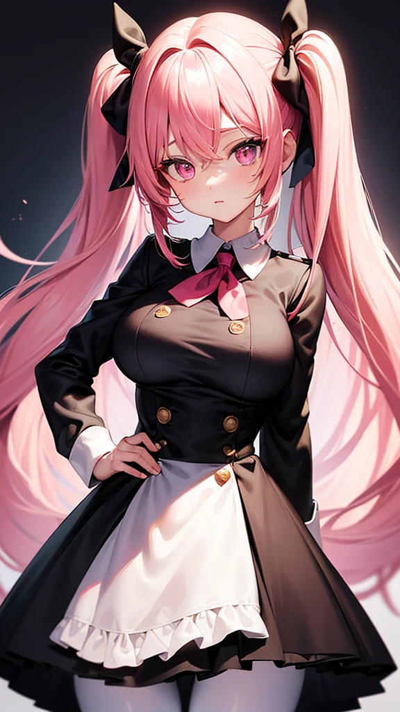 (Highest quality,Ultra-detailed,girl),black tights,Pink Hair,Height: 160cm,cute,Pink Eyes,Twin tails,Big Breasts,Wearing a uniform,Her eyes are white and shining,Look at me from up close,Has bright white eyes,I&#39;m crying,