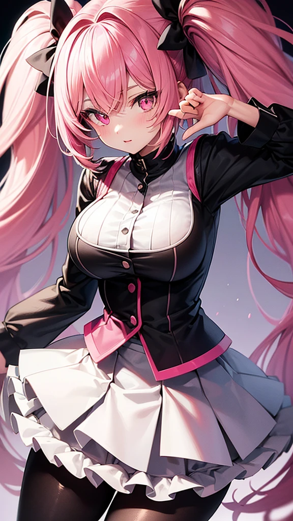 (Highest quality,Ultra-detailed,girl),black tights,Pink Hair,Height: 160cm,cute,Pink Eyes,Twin tails,Big Breasts,Wearing a uniform,Her eyes are white and shining,Look at me from up close,Has bright white eyes,I&#39;m crying,