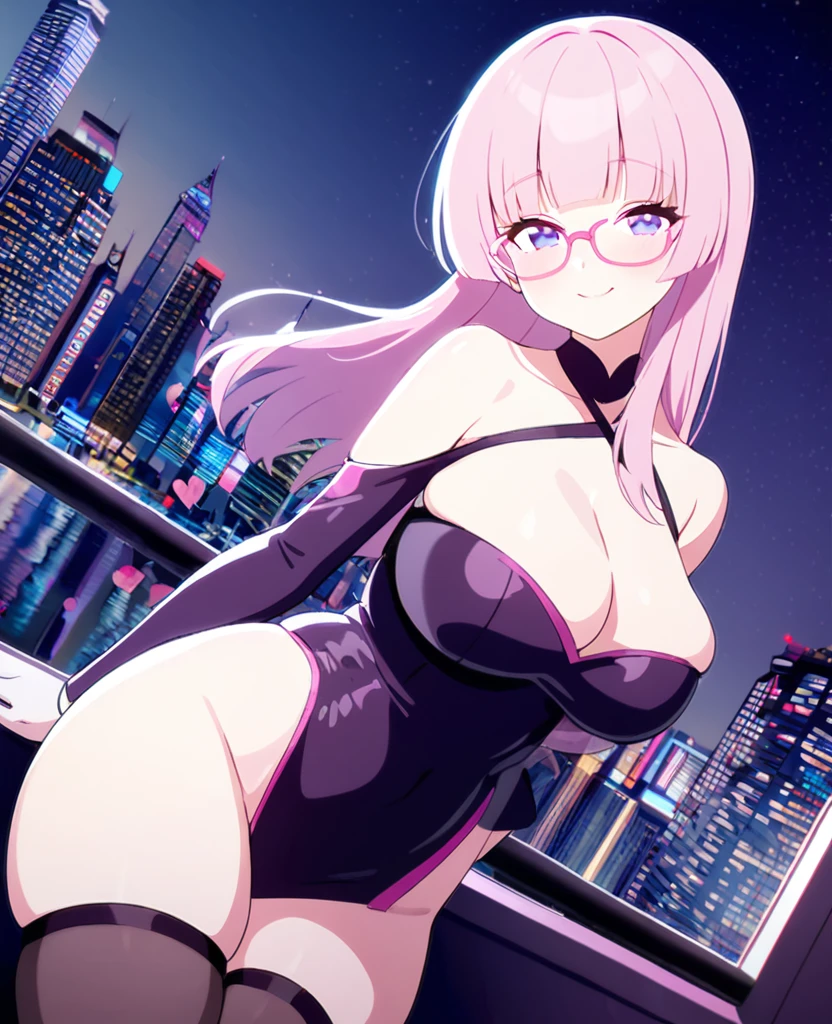 16yo girl, light pink hair, hime cut, long hair, erotic light purple bodycon, open shoulder, J cup breast, thicc thigh, hourglass figure, nighttime city, clear view, charming smile, pink love shape glasses 