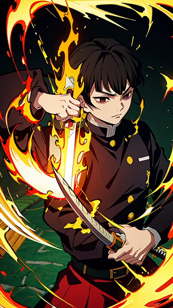 Kimetsu no Yaiba style, 1 man, black eyes, a hashira, black hair with blonde ends, curtain bangs, noble, Pillar Demon Slayer, holding a sword, wearing demon slayer uniform, holding a red demon slayer sword, dark and firey background, fire powers