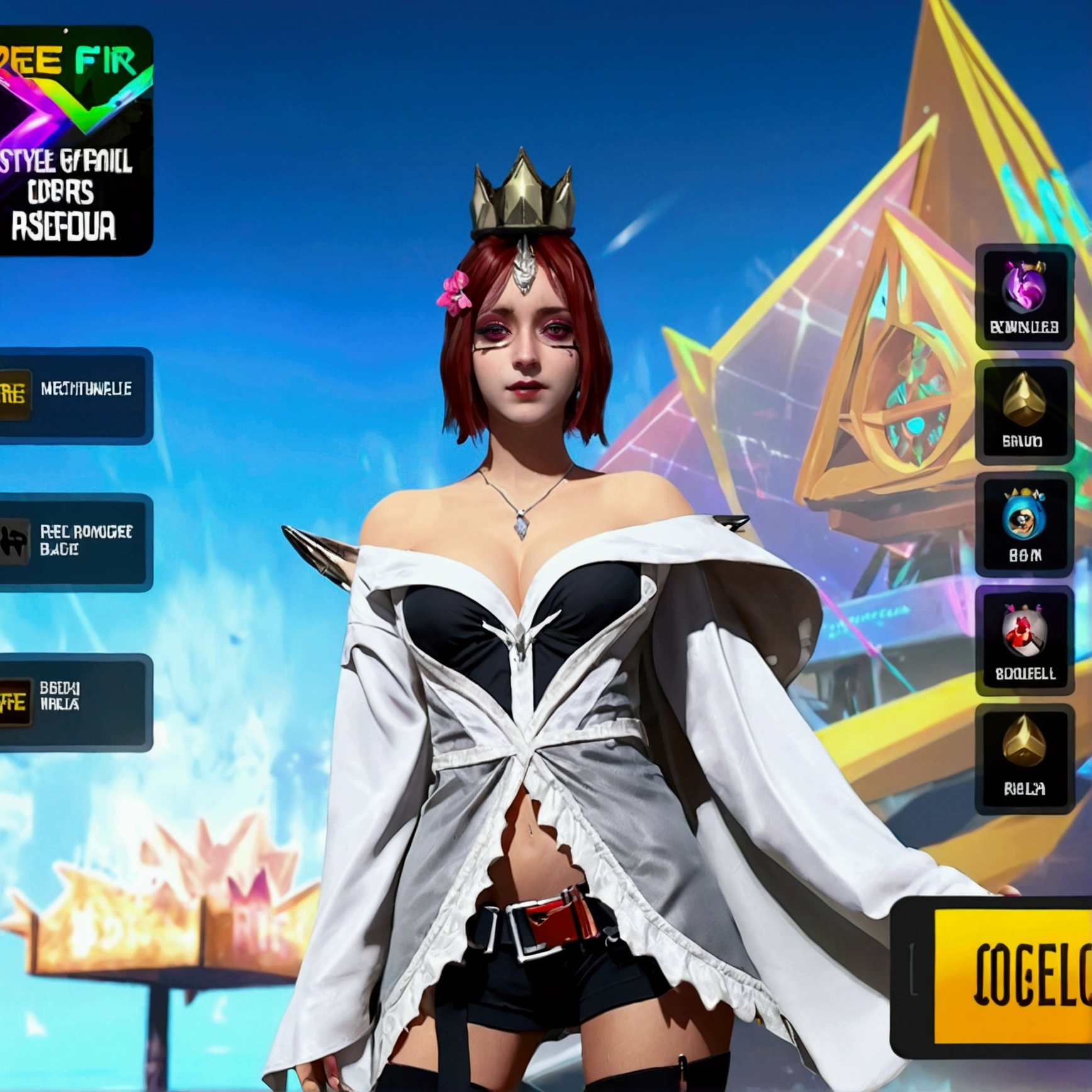 Free fire game style, girl with a blouse open on her shoulders, black bra, Red hair, with a crown on his head, red binoculars, black background with red rays