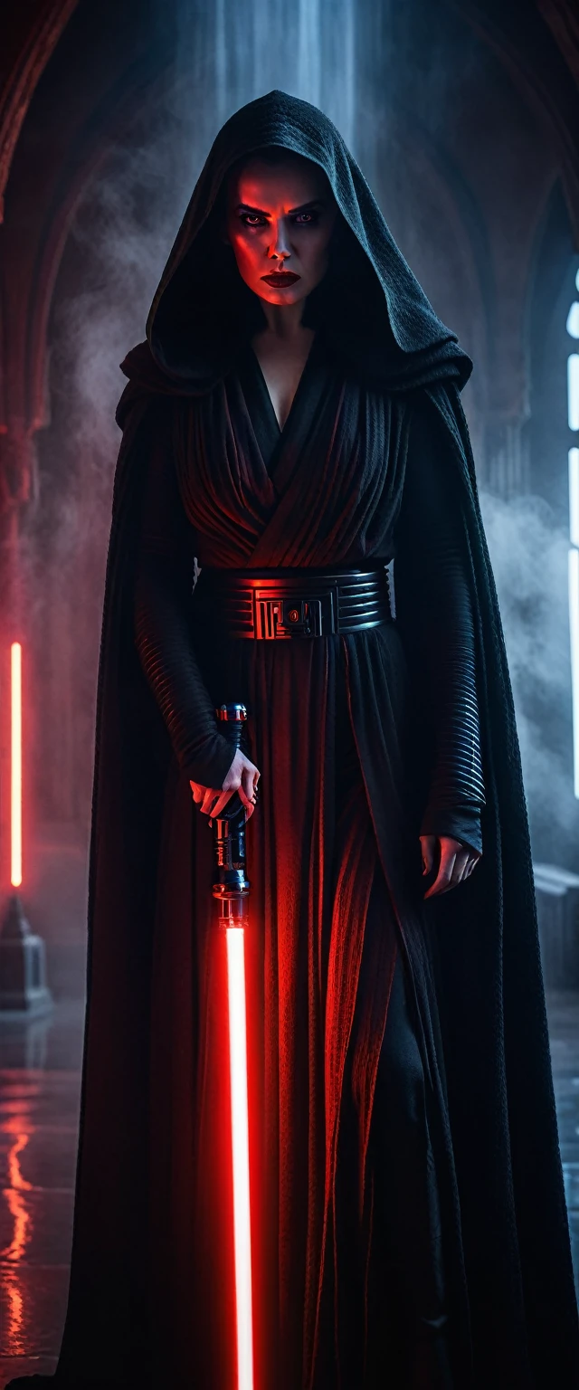 a female Sith lord in a dark, cinematic Star Wars setting, highly detailed, dramatic lighting, volumetric fog, dramatic camera angles, intricate costume design, glowing red lightsaber, intense facial features, piercing yellow eyes, fierce expression, flowing black robes, gothic architecture in the background, moody color palette with deep shadows, cinematic composition, photorealistic, 8k, hyper-detailed