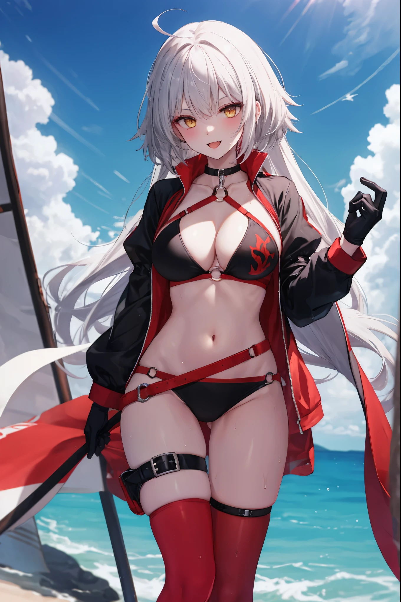 masterpiece, best quality, 1girl, , silver hair, ahoge, gold_eyes, shaggy_long_hair,,large_tits, , blue sky,covered_groin,covered_nipples,solo,young_,,open_legs,knee_boots,crotch_armor,cowboy_shot,crotch, asymmetrical legwear, long hair, bikini, black bikini, black gloves, gloves, long sleeves, navel, o-ring, o-ring bikini, o-ring bottom, o-ring top, puffy long sleeves, puffy sleeves, red legwear, single thighhigh, swimsuit, thigh strap, thighhighs, uneven legwear,smile,nihil,open_mouth,angry,oil,wet,sweat,grhn,(angry:0.7)