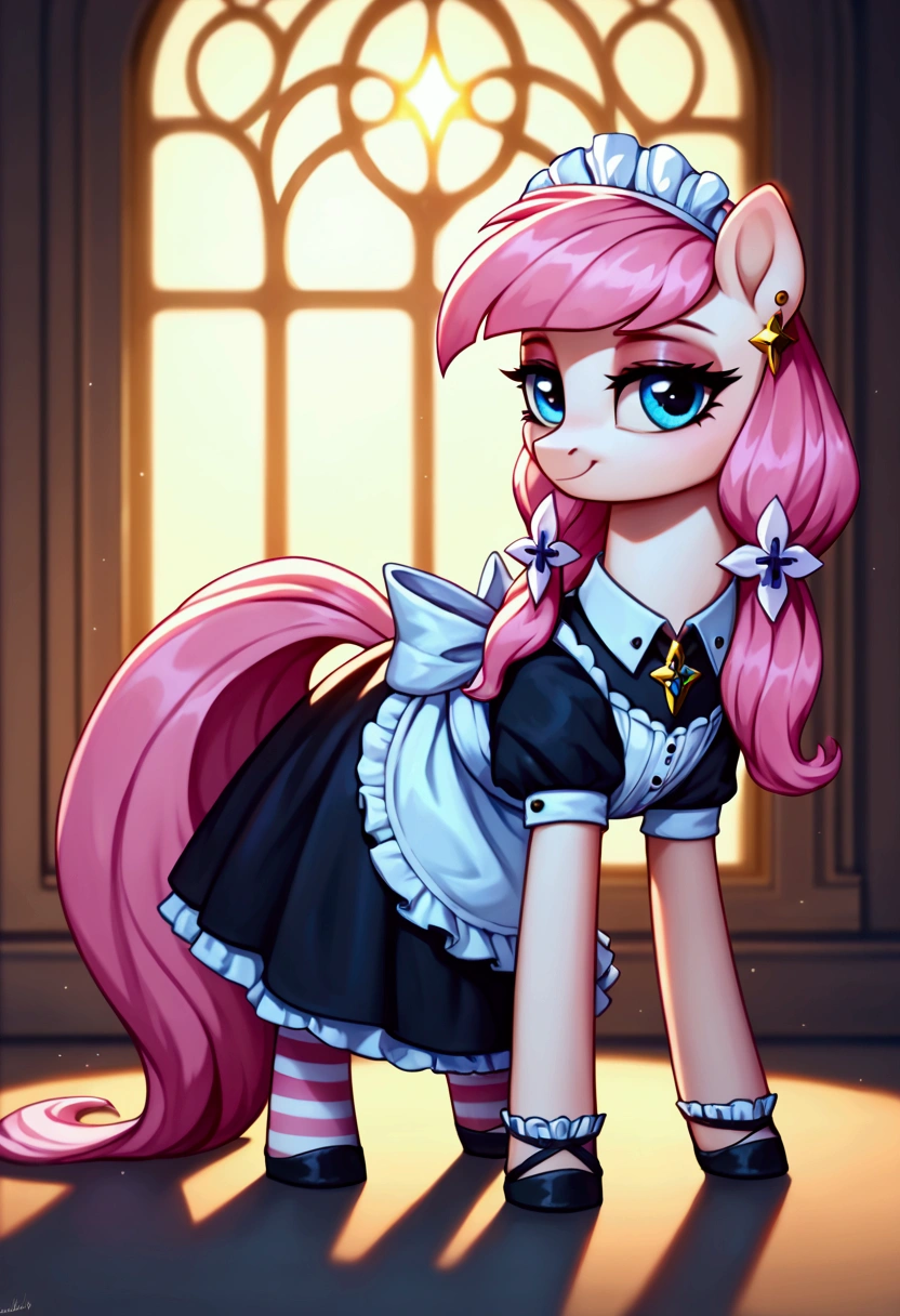 score_9,score_8_up,score_7_up,score_6_up, ((my little pony)), radiant lighting, vibrant colors, whimsical atmosphere, 8K, high resolution, highly detailed, masterpiece, ((brightness white body)), blue eyes, (maid costume), striped stockings, star pendant, earrings, eyeshadow, (very long pink hair:1.3), (((slutty:1.4)))