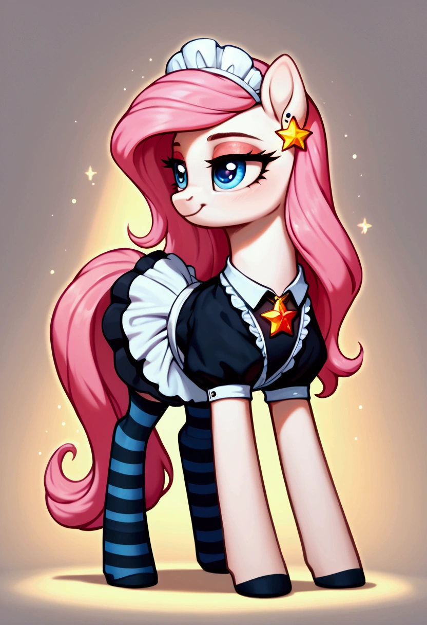 score_9,score_8_up,score_7_up,score_6_up, ((my little pony)), radiant lighting, vibrant colors, whimsical atmosphere, 8K, high resolution, highly detailed, masterpiece, ((brightness white body)), blue eyes, (maid costume), striped stockings, star pendant, earrings, eyeshadow, (very long pink hair:1.3), (((slutty:1.4)))