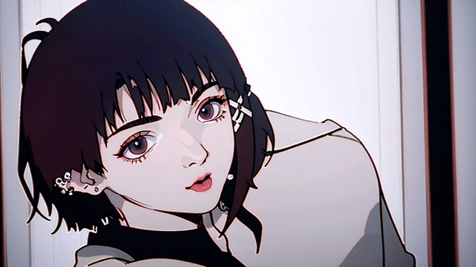 (masterpiece), best quality, expressive eyes, black eyes, perfect face, nana, short hair, black hair, earrings, piercing, lipstick, collar, makeup, ear piercing,cigarete,sadness,sexy,sorrow,