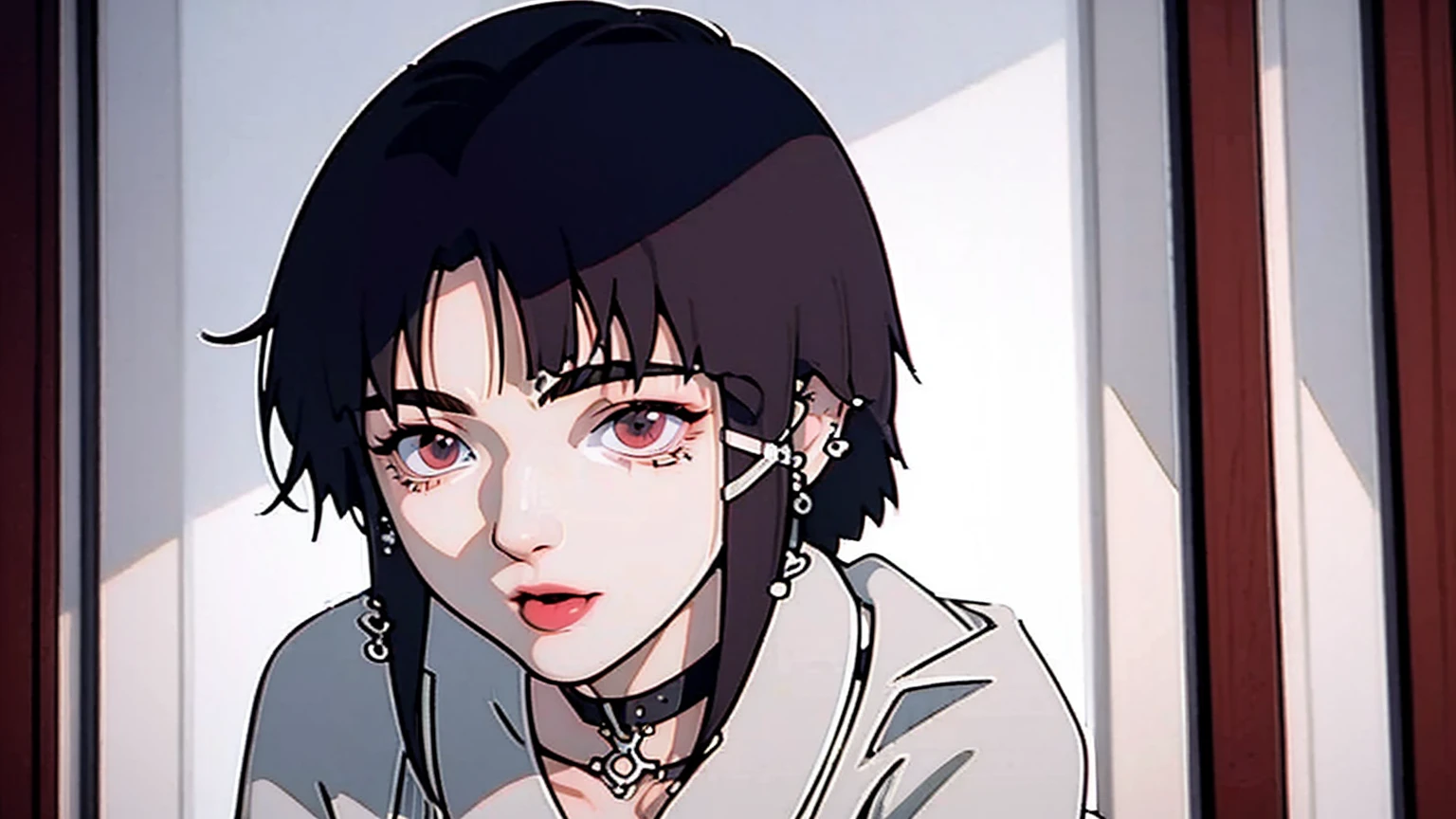 (masterpiece), best quality, expressive eyes, black eyes, perfect face, nana, short hair, black hair, earrings, piercing, lipstick, collar, makeup, ear piercing,cigarete,sadness,sexy,sorrow,