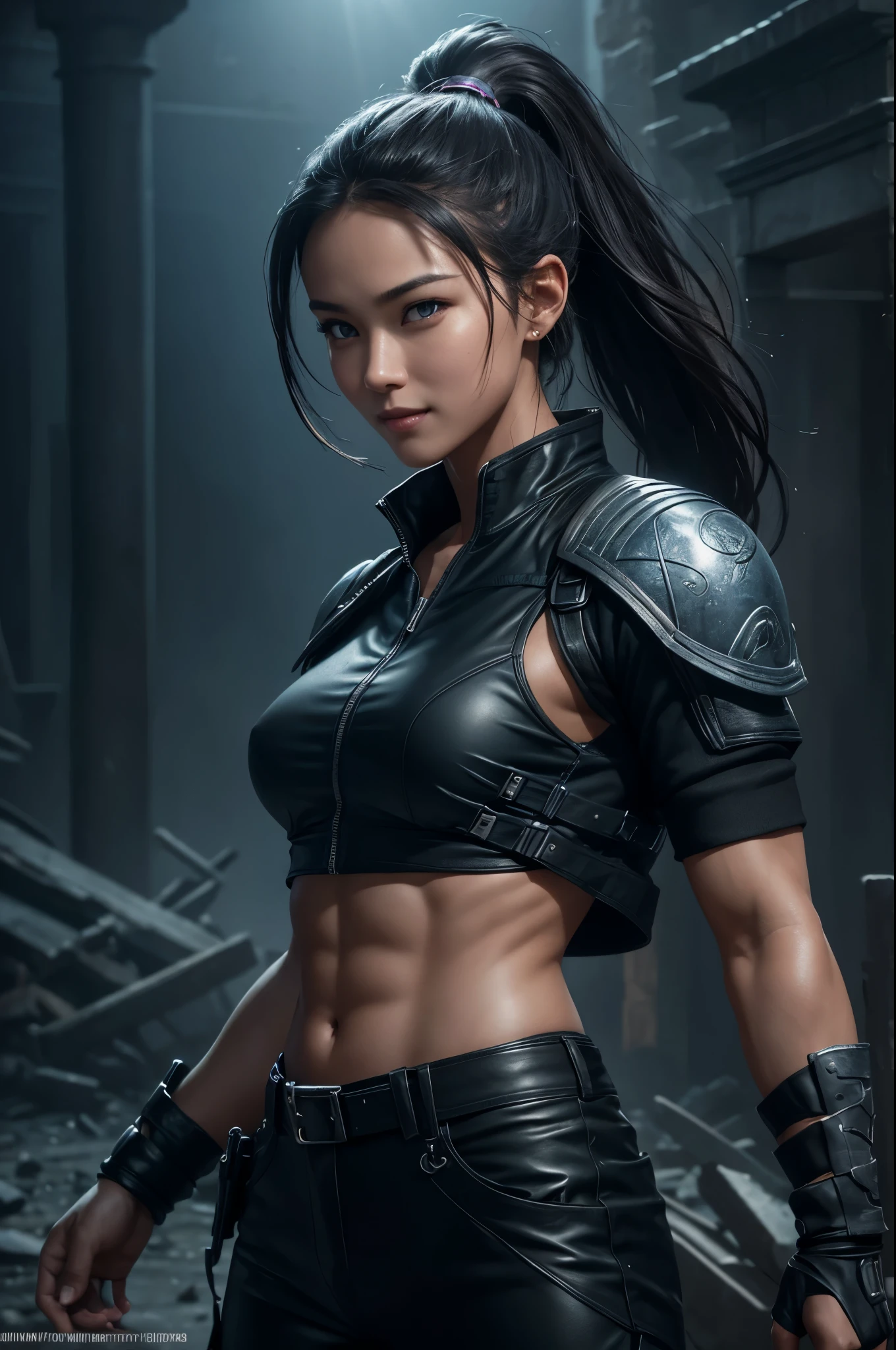 8K,younger sister,so beautiful(Like the real thing),Toned, muscular body,sexy,clear narrow eyes,black eye,Cool smile,Blue combat jacket,Black Shirt,Black combat pants,short,Compensate,Ultra-Realistic Skin,compensate,masterpiece,Photorealistic RAW photos of the highest quality。Bright colors,Rich colors, Backlight, Cinema Lighting, Film Grain, 50mm lens, Nikon D850,Detailed character art,Fantasy art,Ultra-high resolution,Ultra-Realistic Skin,Perfect hand shape,In front of the abandoned temple,Beautiful expression,close,Very small breasts,Muscular Beauty,Dynamic fighting pose,ponytail,