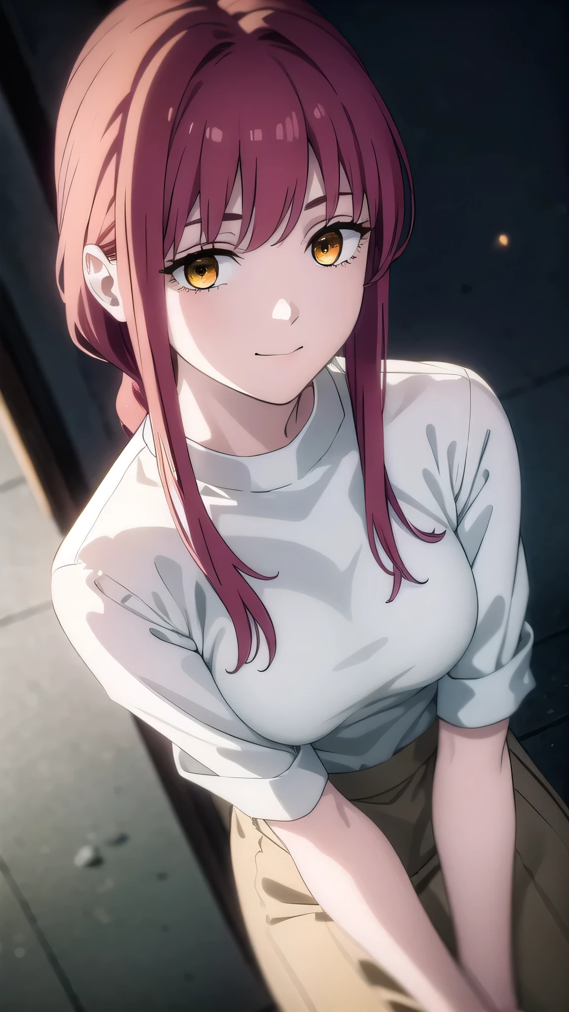 BREAK looking at viewer, BREAK outdoors, BREAK (masterpiece:1.2), best quality, high resolution, unity 8k wallpaper, (illustration:0.8), (beautiful detailed eyes:1.6), extremely detailed face, perfect lighting, extremely detailed CG, (perfect hands, perfect anatomy),makima, long hair, smile, bangs, (medium breasts:1.2), (yellow eyes:1.2), braid, red hair, braided ponytail, ringed eyes,night,stars,starfall,moon,nature,city,street,shirt,skirt,cleavege,neckline,skinny fit,medium breasts,from above,bend over.