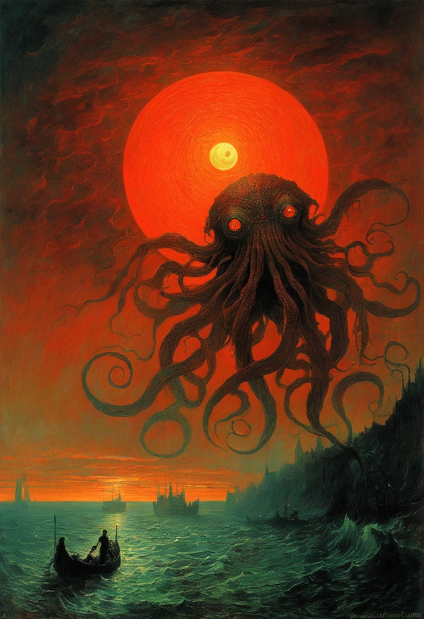 Mythical creatures, author:Zdzislaw Beksiński and Vincent van Gogh, Red moon and big eyeucha、Cthulhu