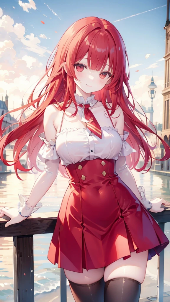 Long Red Hair、Straight bangs、Slanted Eyes、smile、Shoulder Bare、Chest、skirt、tights、Cities of France、gulf coast