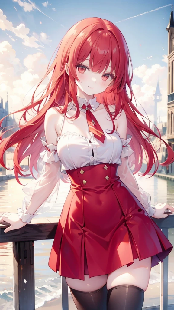 Long Red Hair、Straight bangs、Slanted Eyes、smile、Shoulder Bare、Chest、skirt、tights、Cities of France、gulf coast