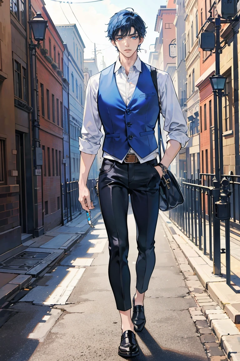 (masterpiece), best quality, seductive eyes, perfect face, handsome man, blue eyes, messy blue hair, long nose, tan brown skin, plain white t shirt, blue vest, black pants, extremely tall man, long legs, long calves, full body, tall man, long legs, anime cover, 1boy, ear piercings, facial piercings, hands in pockets, adult-like look, bad boy 
