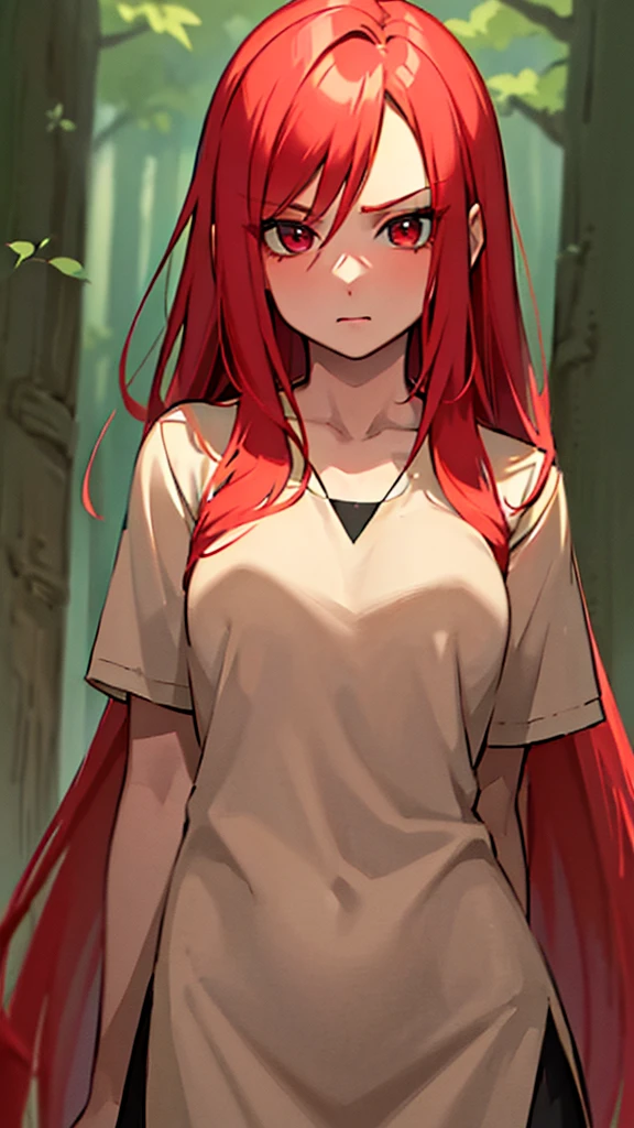 "Masterpiece, high quality, (cheered up), Best Quality, 1 girl, dynamic lighting, simple background, Red hair, Red eyes, (()), beautiful face, pretty eyes, beautiful background, (((Very detailed eyes and face.))), session, dynamic pose, forest background, upset expression.