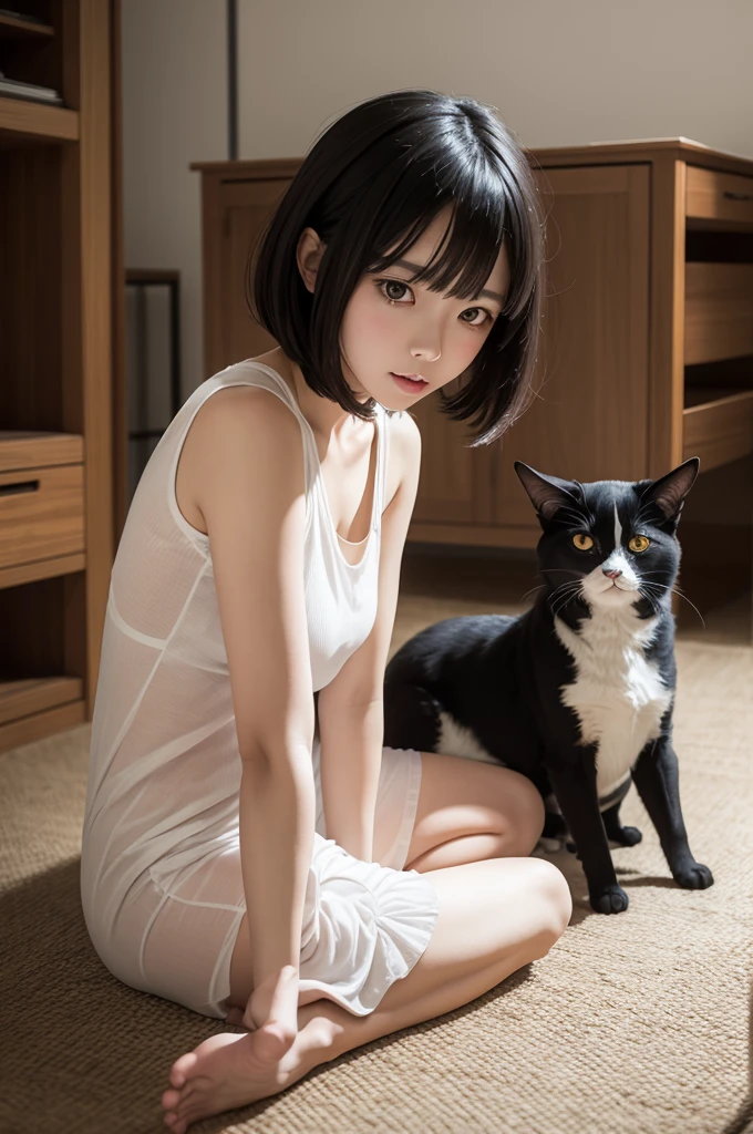 Create me one sitting on the floor and behind her there are spirits of various anime-style animals