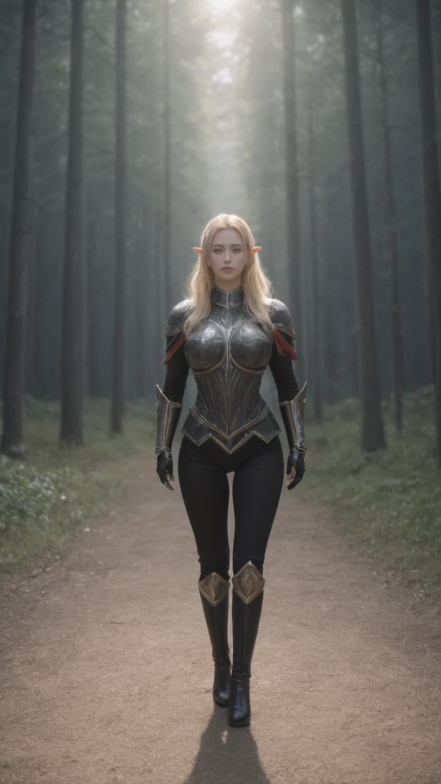 realistic,score_9, score_8_up, score_7_up,
a beautiful elf, Adriana Malkova, delicate filigrane Black armor, huge breasts, perfect body, blondes, length hair, outside, Skin texture, ultra high resolution, Nikon D850, Contre-Jour, rim light, bright sunlight, film grain, warm hue, warmer Ton,color photo, Fantasy, in a red dream world, red forest, in a red forest, amazing depth, red mood in background, shades of red, photography,sexy pose,colorful skins,