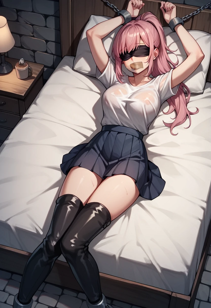 check_9, check_8_up, check_7_up, check_6_up, check_5_up, check_4_up, source_Anime, 1 woman, bed, Lying around, BDSM, pink hair, ponytail, blindfold, tape your mouth shut, WW chain, thin shackles, Make your hands behind, dirty hair, Sweaty Shirt, skirt, black thigh-high boots, platform, night, answer, dungeon, Best quality, answer, 4k uhd,