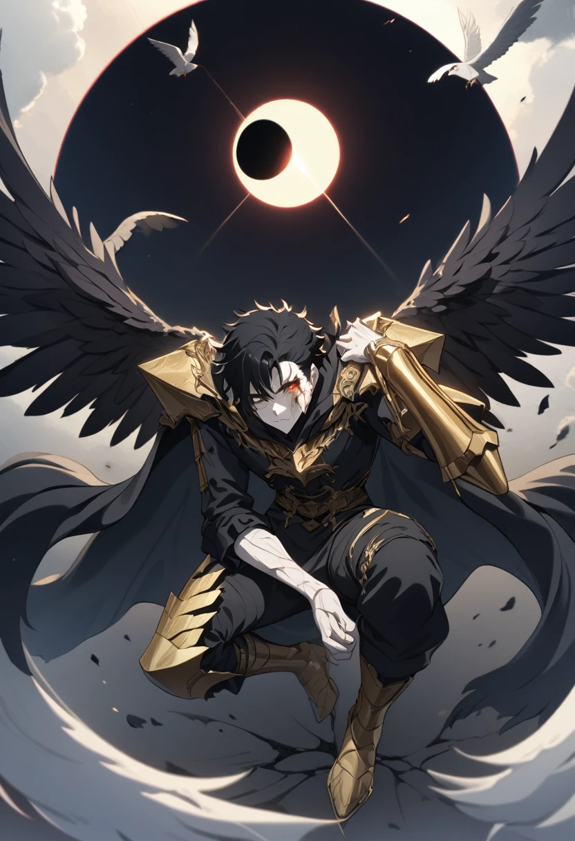 1man, adult, angel, pale skin, black hair, very short hair, white hairlocks, golden eyes, broken face, crack on the face, radiance coming from the crack, missing eye, black wings, eyed wings, bird legs, black robes, golden details, golden shoulder pads, golden prothesis in right hand, clawsprothesis, great sword on hands, eclipse, fullbody, anime style, (masterpiece), best quality,