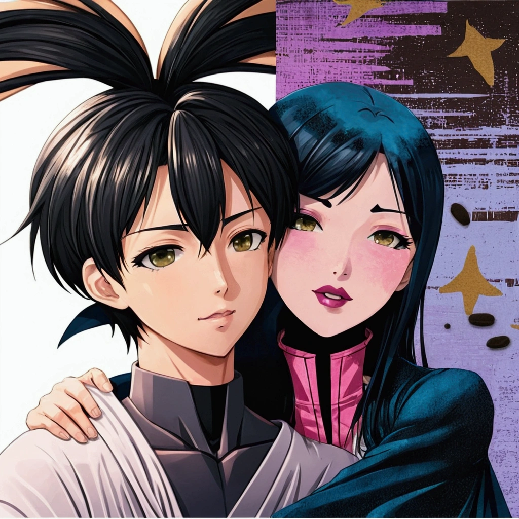 Masterpiece，Best Quality，(There are only two people:1.3)，absolutely beautiful，A mature woman and a (Very little:1.2) Chico, Mother and son hug，Hugs，huge tit,  Ecchi anime style, ecchi style, Full color manga visual style, shoujo manga
