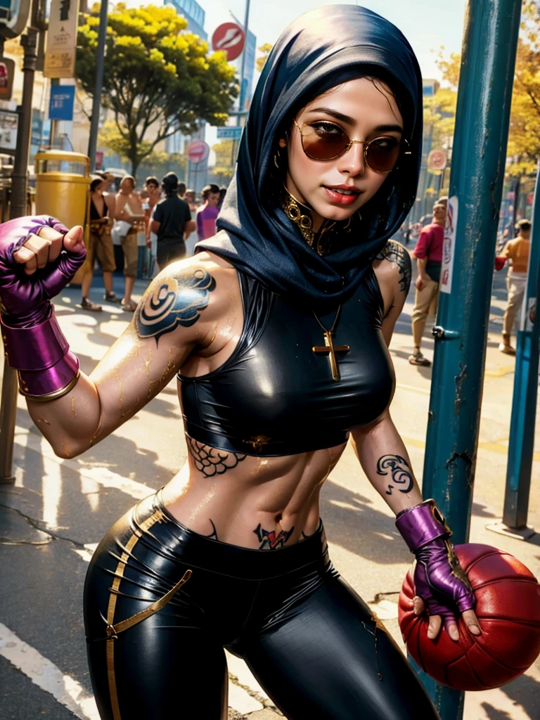 boxing woman,boxing glove,((sunglasses:1.3)),((Religious tattoos:1.3)),(confident smile),strong gaze,looking at viewer,perfect face,delicate face,gigantic breasts,soldier vest,black pants,((damaged clothes:1.4)),ear pendants,cross necklace,((fighting stance:1.2)),((ebony skin:1.3)),silk headscarf,hijab,((cyborg:1.2)),strong arms,perfect abs,slim waist,thick legs,wide hips, (sweating:1.4),(wet clothes:1.3),((wet skin:1.3)),shiny skin,high detailed face, beautiful high detailed eyes,upper body, parted_lips, realistic,background has magenta color ,bright mood, bokeh,((On the underground black fist arena)), fight zone,detailed texture, highlight, vivid color, strong light_contrast, 
finely detailed skin, sharp focus, cold lighting,Cool tone filter, masterpiece,Many viewers,night,
16k, best quality, photorealistic,HDR,UHD