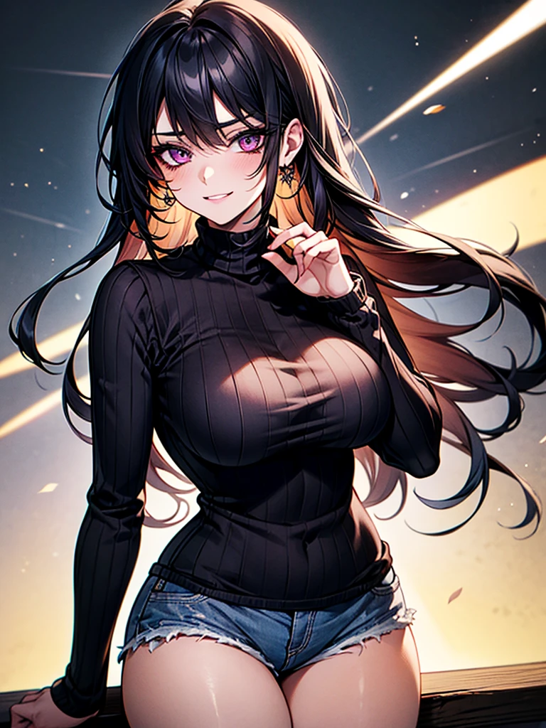 Masterpiece,Highest quality,8K,Ultra-high resolution,appropriate margins,lighting,BREAK,1 person,Very beautiful adult woman,Slim body,Very large breasts,BREAK,Black Hair,mascara,Red eyeliner,Light pink lip,Thick upper eyelashes,Thin eyebrows,BREAK,Light purple eyes,BREAK,Embarrassed,Shy smile,BREAK,Long Hair,Wearing hair in one ear,Ragged hair,BREAK,Long sleeve sweater,Shorts Nylon,BREAK,Eyes meet