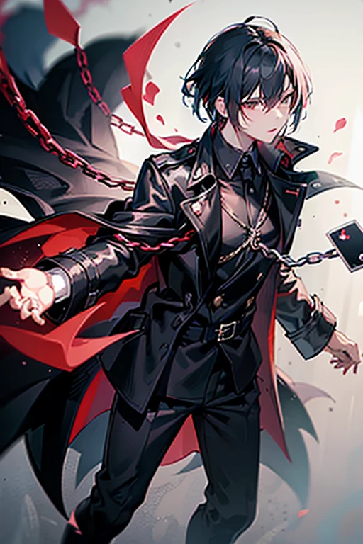 1man, confident, wearing black trench coat with chains, red long sleeve shirt, black vest, long black pants, black hair, short hair, face to detail, detailed eyes, black eyes, holding playing card, in a fighting pose, absurdres, high res, ultra sharp, 8k, masterpiece