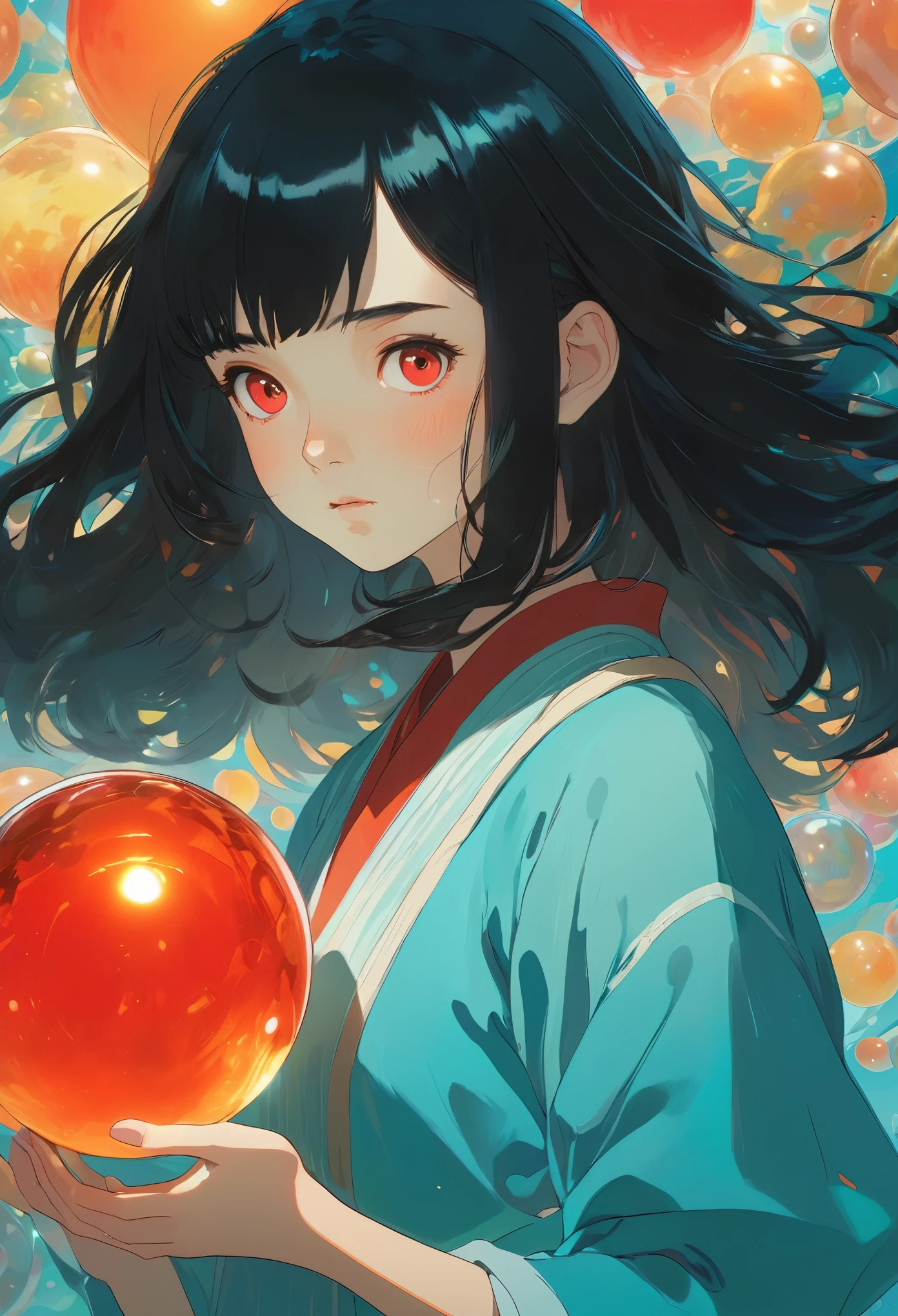 (masterpiece, Highest quality:1.2), a girl with black hair, red eyes, artwork, holding a translucent ball, extravagant and illustrative, dreamy color palette, cyan and amber, cinematic lighting, best quality, high quality, intricate, absurdres, very detailed, extremely high resolution, depht of field, 8k, (Studio Ghibli:1.4).