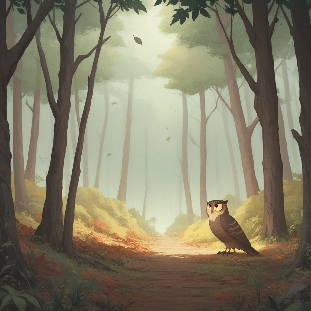 "Drawing of an adventurous armadillo (Dasypodidae, Mr. curious) and a wise owl (Strigiformes, Lunar Owl) on a trail in the forest, 8K, no errors in the image, Mr. curious com um mapa, Lunar Owl em um galho alto, elements of nature such as trees (Angiosperms), Fallen leaves, No writing, no signature."